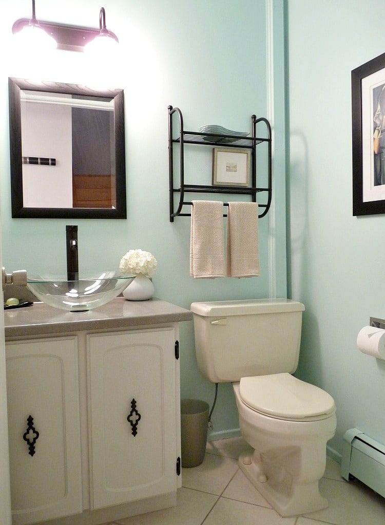 Budget Friendly Half Bath Makeover with Aqua Walls
