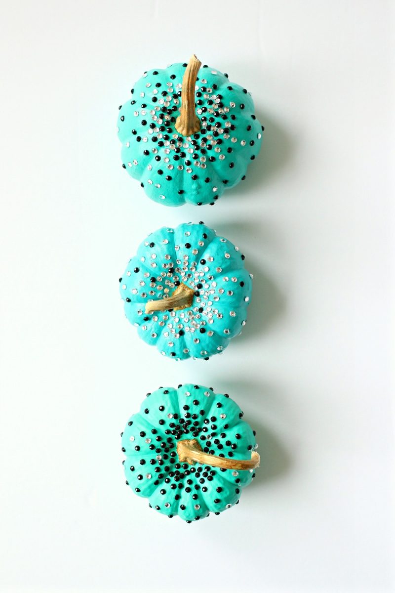 Turquoise DIY No Carve Pumpkins with Black and White Rhinestone Sparkles