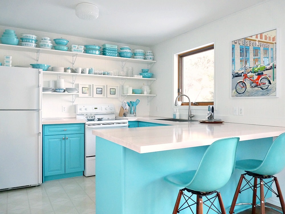 A Budget-Friendly Kitchen Makeover with Turquoise Cabinets & Open Shelving