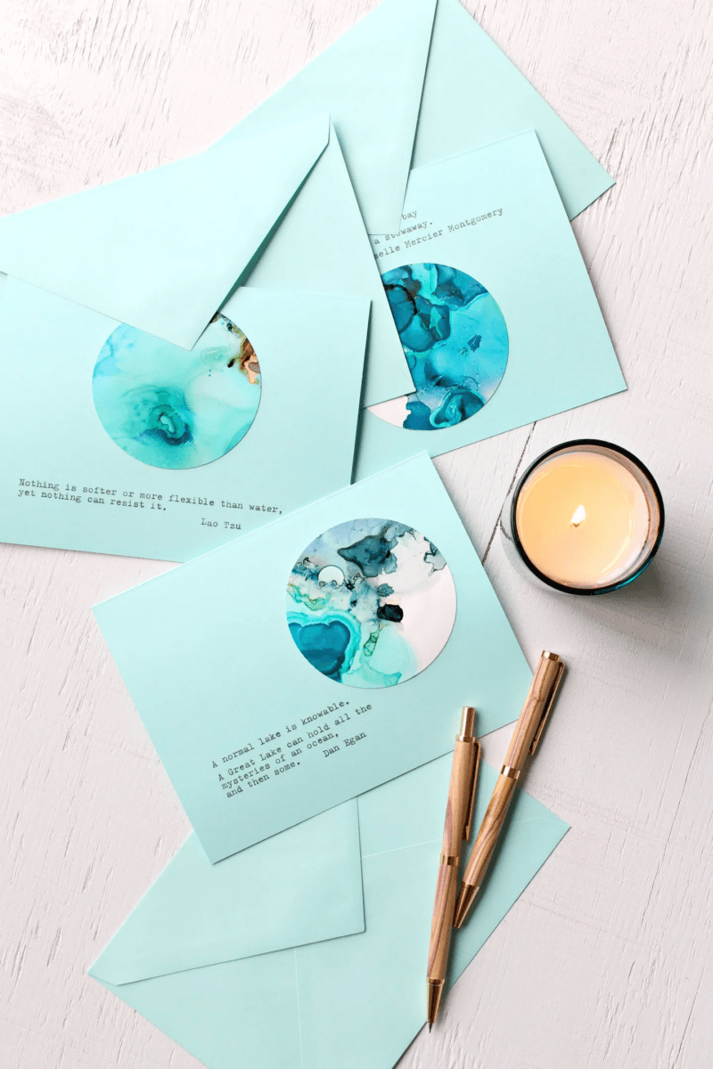 DIY Alcohol Ink Note Cards with Lake Superior Quotes