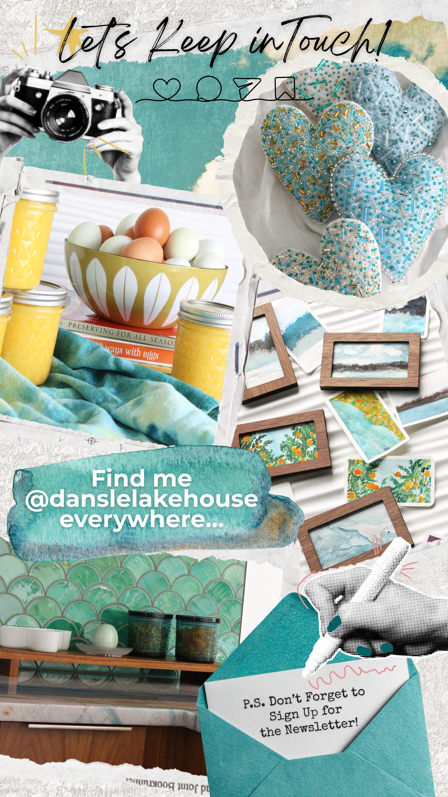 Contact and social media information for Dans Le Lakehouse DIY blog, featuring a newsletter sign-up and social media handles.